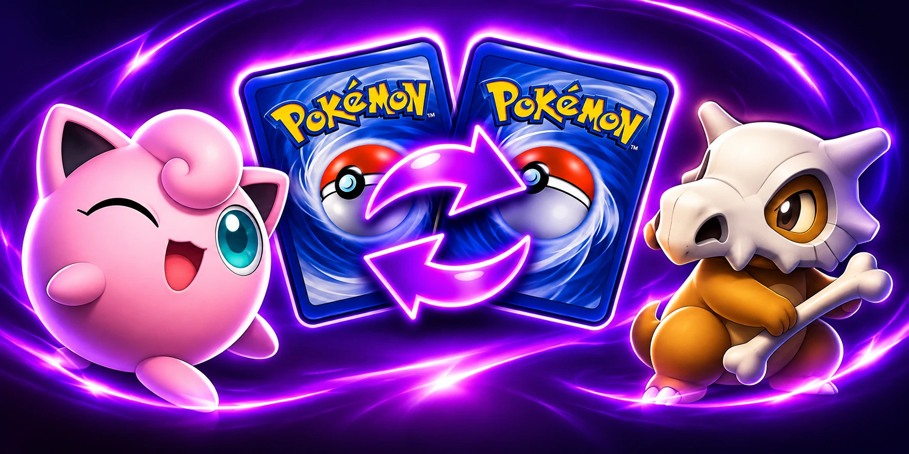 Trade banner featuring Jigglypuff, Cubone and glowing purple card exchange arrows